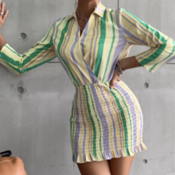 Zara Mini Dress Shirred Skirt Pastel Stripe Long Sleeve Cotton Mini Dress Large - Picture 15 of 15
